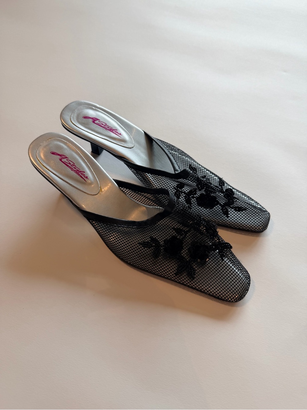 Y2K A. Styles Black Mesh Floral Kitten Heel Mules – Size 7